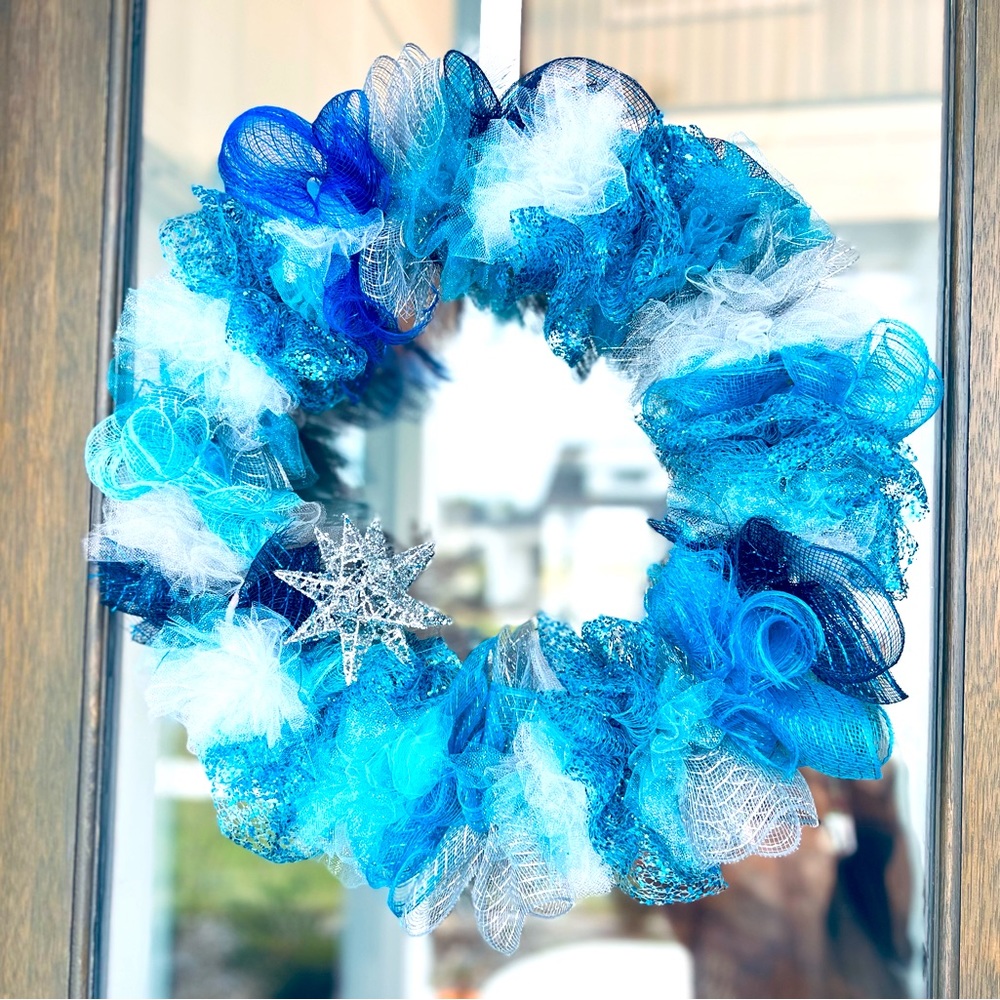 Beautiful blue wreath. Handmade. Added décor ornament. Easy removal.